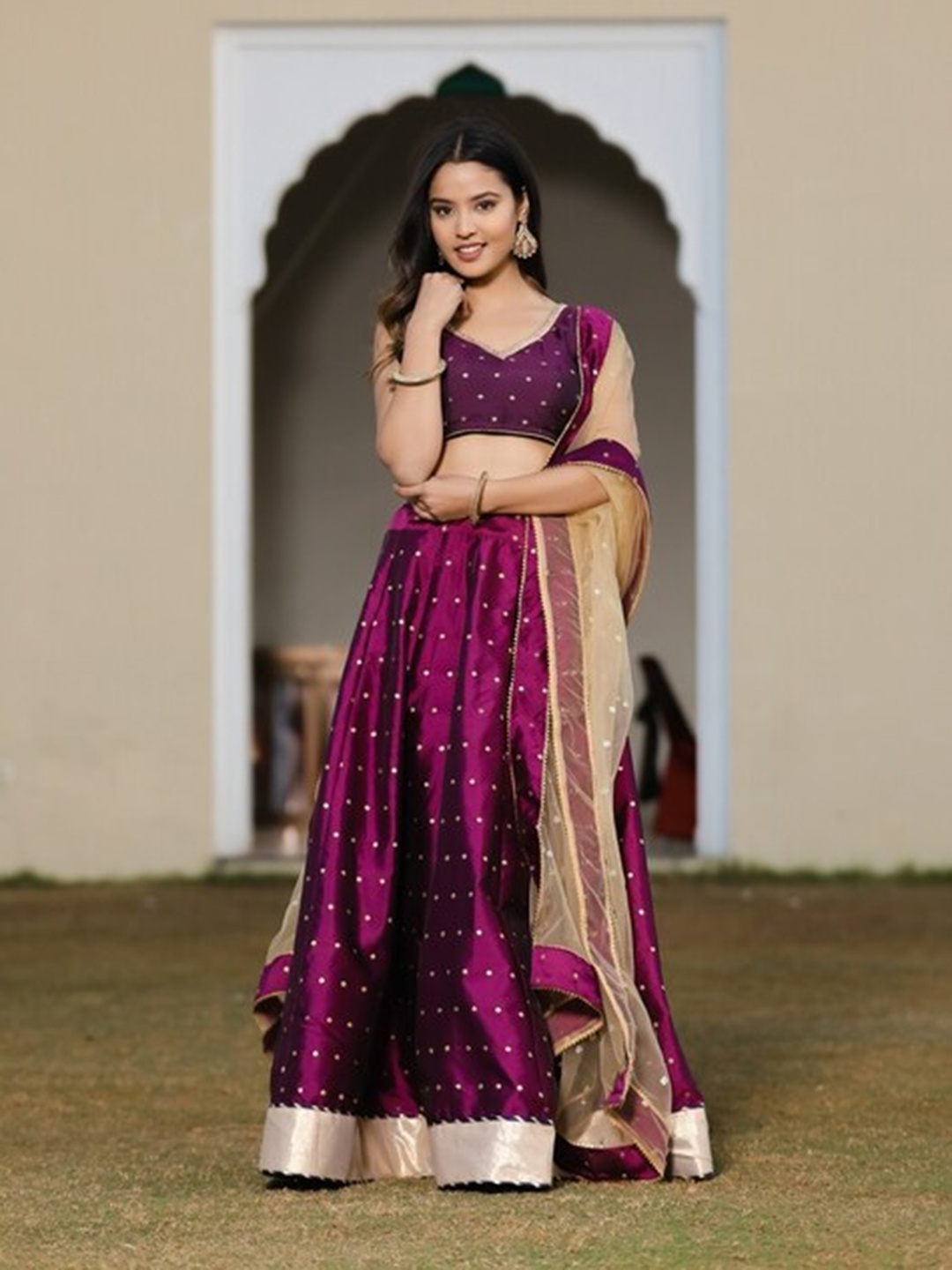 

Jaipur Folk Woven Design Ready To Wear Lehenga & Unstitched Blouse With Dupatta, Purple