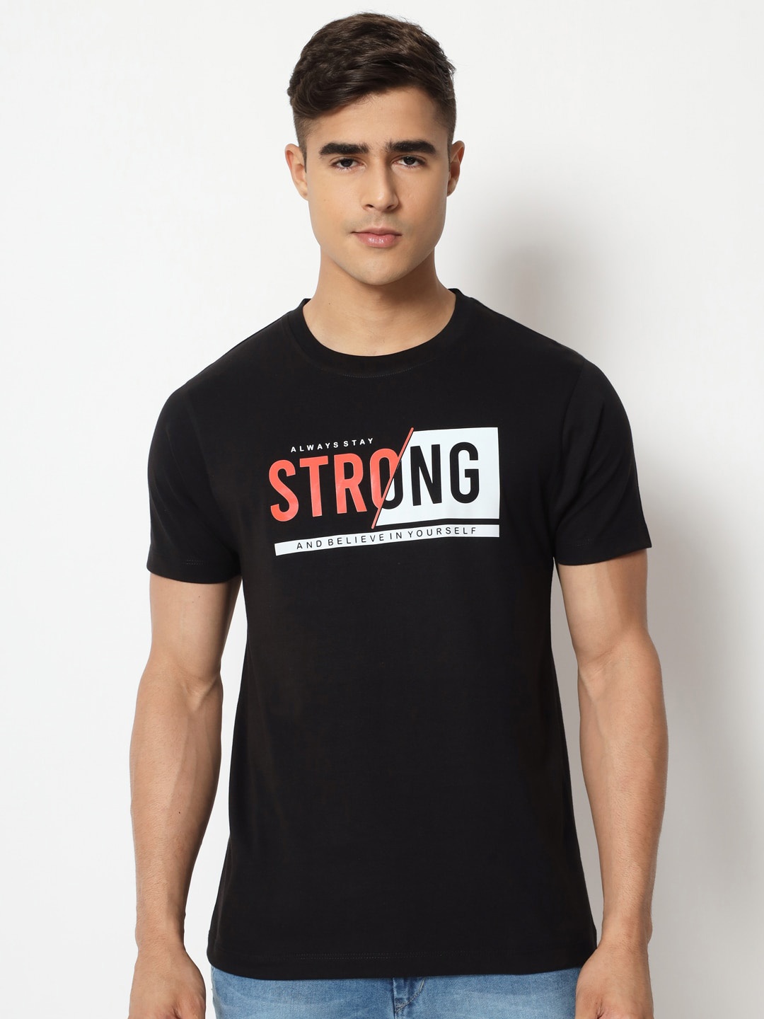 

STRYZER Typography Printed Round Neck Cotton T-shirt, Black