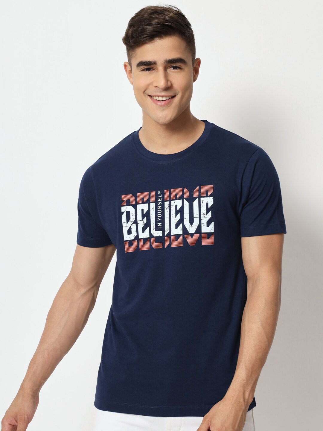 

STRYZER Typography Printed Cotton T-shirt, Navy blue