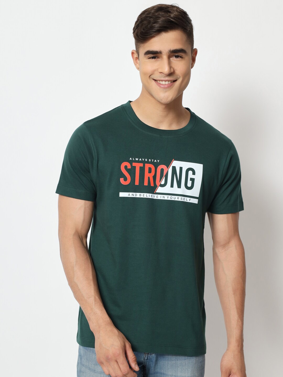 

STRYZER Typography Printed Cotton T-shirt, Green
