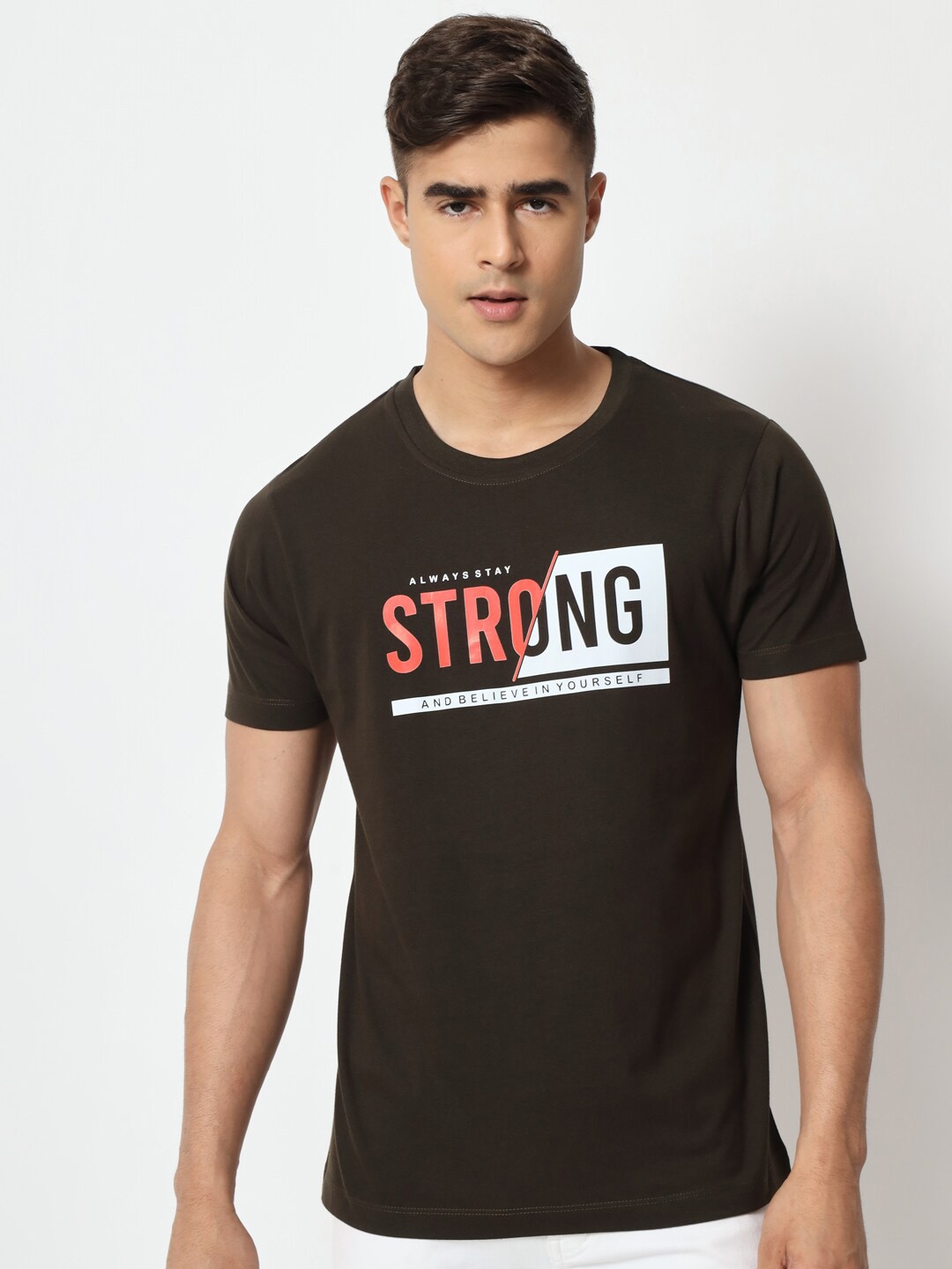 

STRYZER Typography Printed Round Neck Cotton T-shirt, Olive