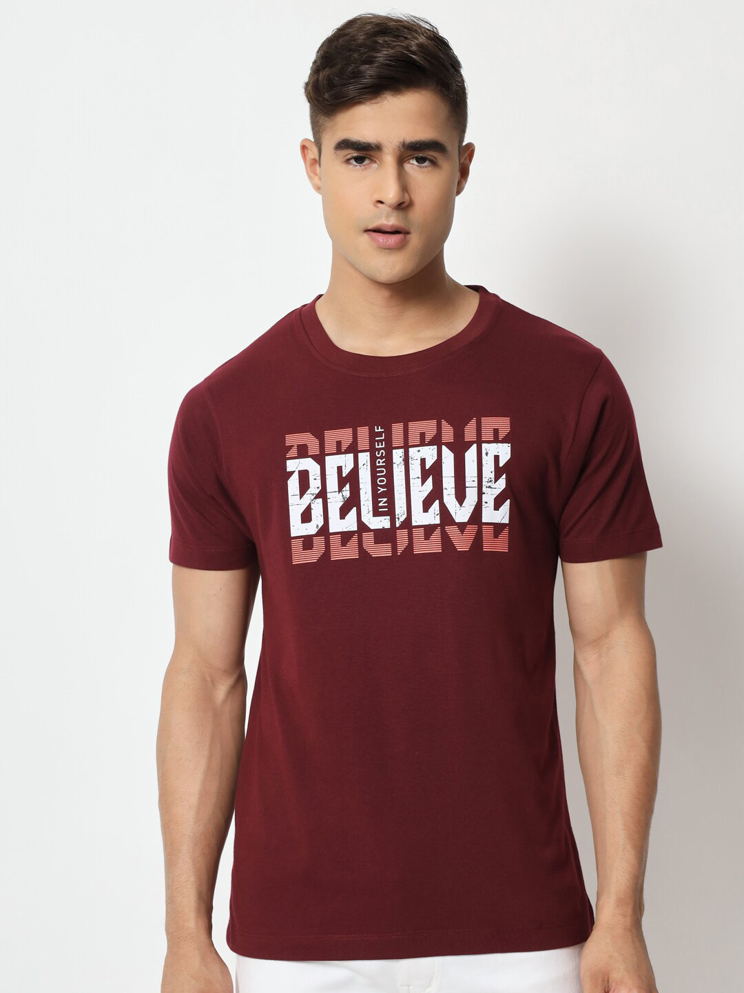 

STRYZER Typography Printed Round Neck Cotton T-shirt, Maroon