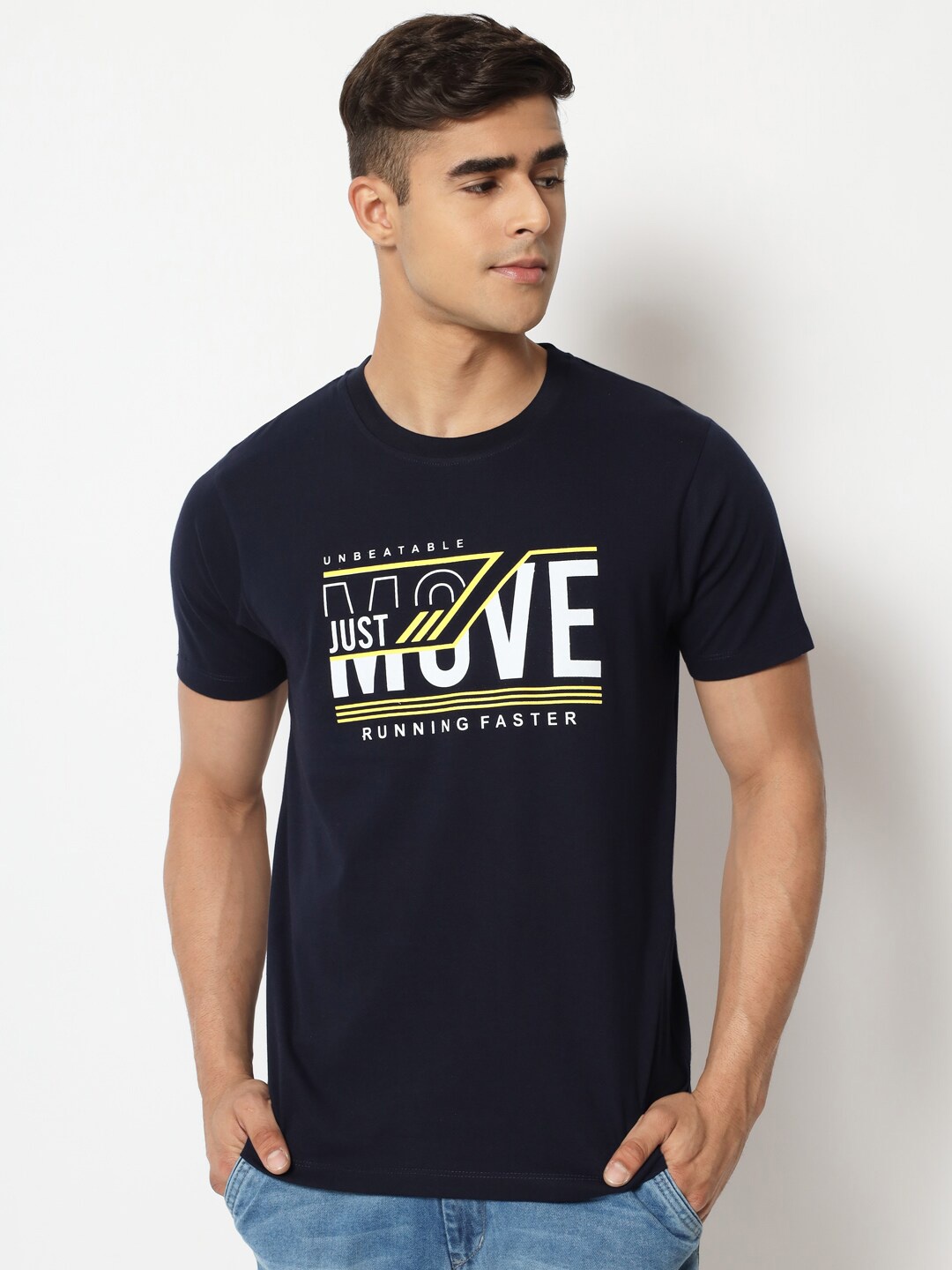

STRYZER Typography Printed Round Neck Cotton T-shirt, Navy blue