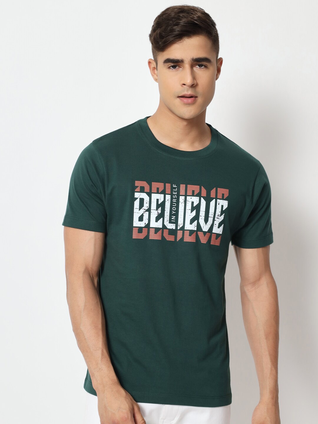 

STRYZER Typography Printed Round Neck Cotton T-shirt, Green