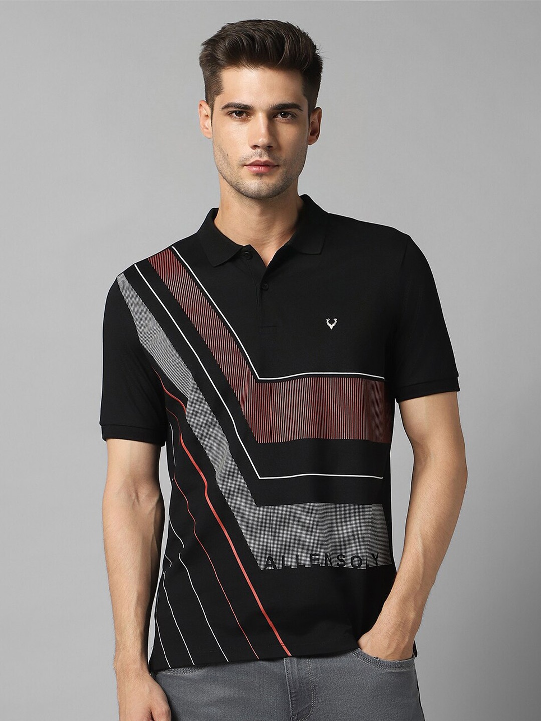

Allen Solly Striped Polo Collar Knitted Cotton T-shirt, Black