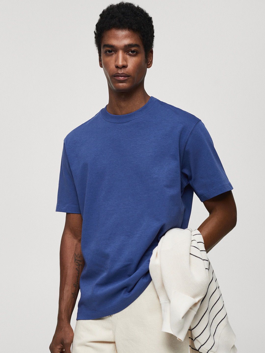 

MANGO MAN Pure Cotton Drop-Shoulder T-shirt, Blue