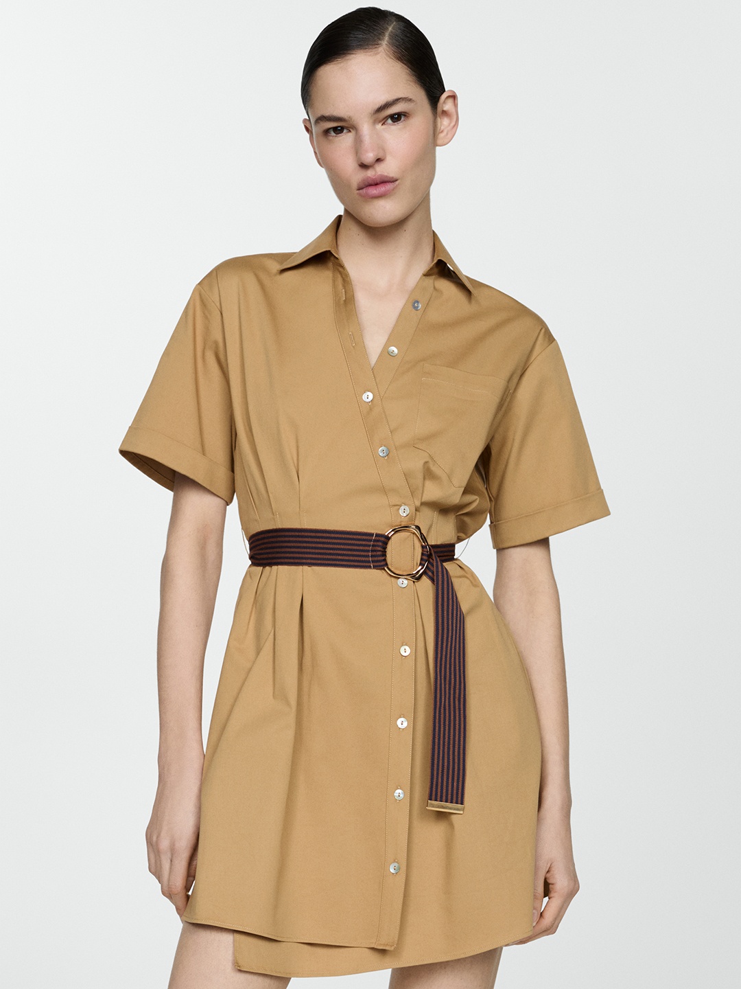 

MANGO Shirt Mini Dress With Belt, Khaki