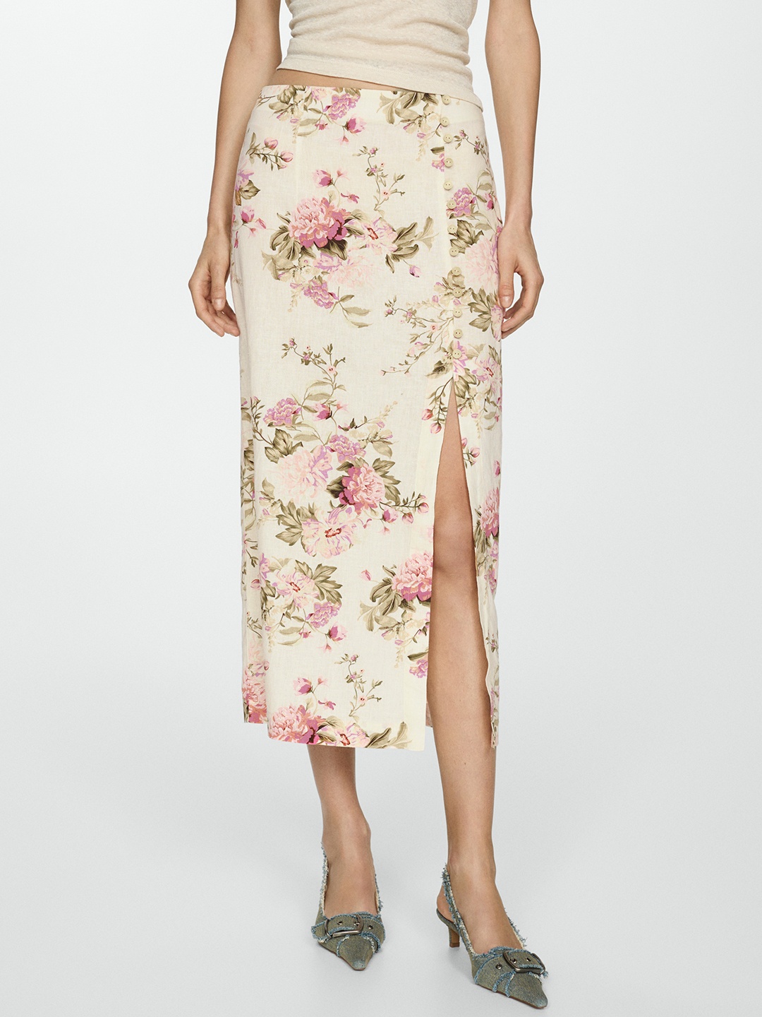

MANGO Floral Print Midi Skirt With Slit, Cream