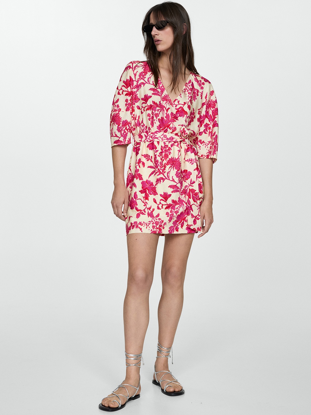 

MANGO Floral Print Puff Sleeve Mini Dress with Belt, Off white