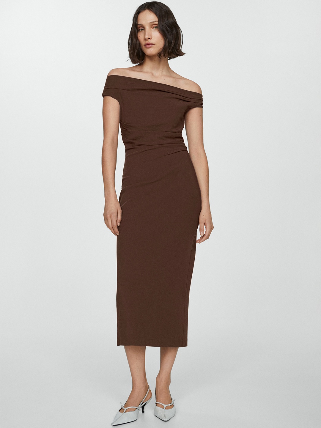 

MANGO Off-Shoulder Sheath Midi Dress, Brown
