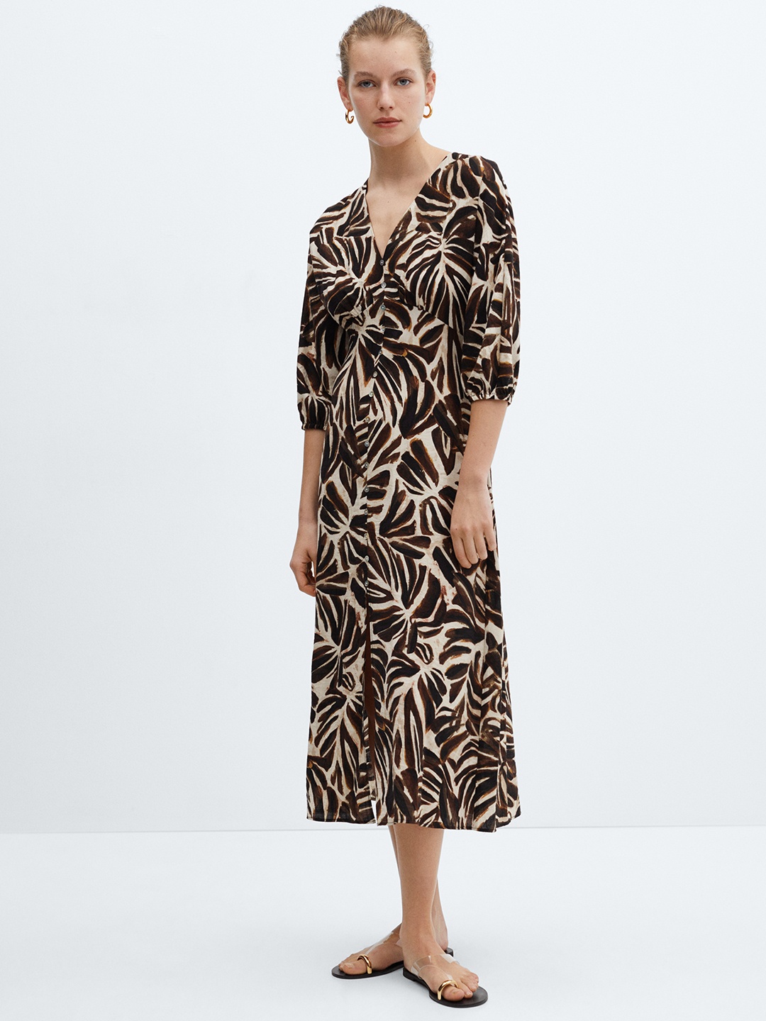 

MANGO Tropical Print Empire Midi Dress, Beige