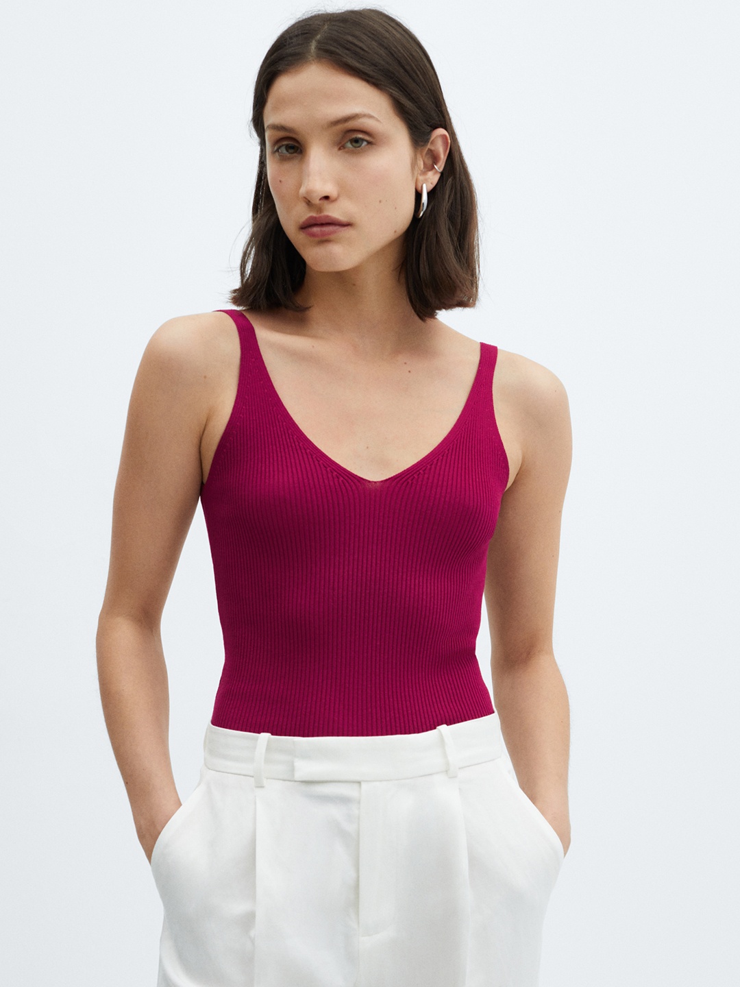 

MANGO Ribbed V-Neck Top, Maroon