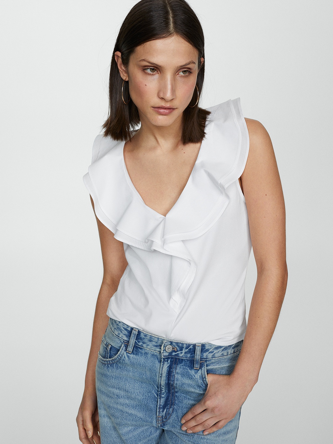

MANGO Ruffled V-Neck Top, White