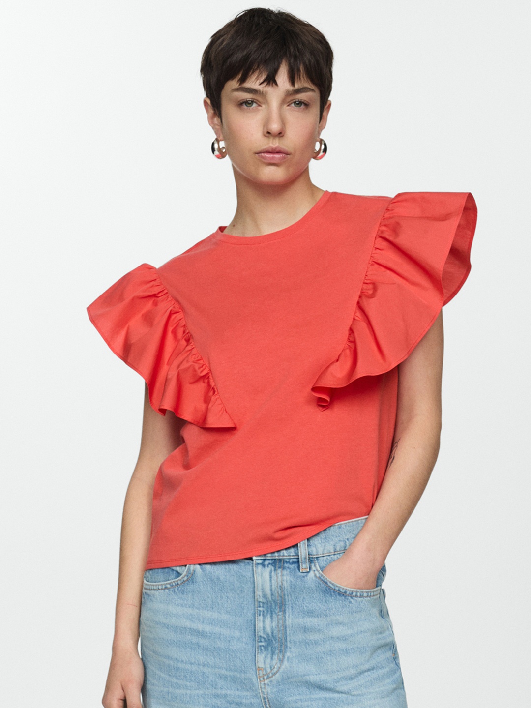 

MANGO Ruffles Pure Cotton Top, Coral