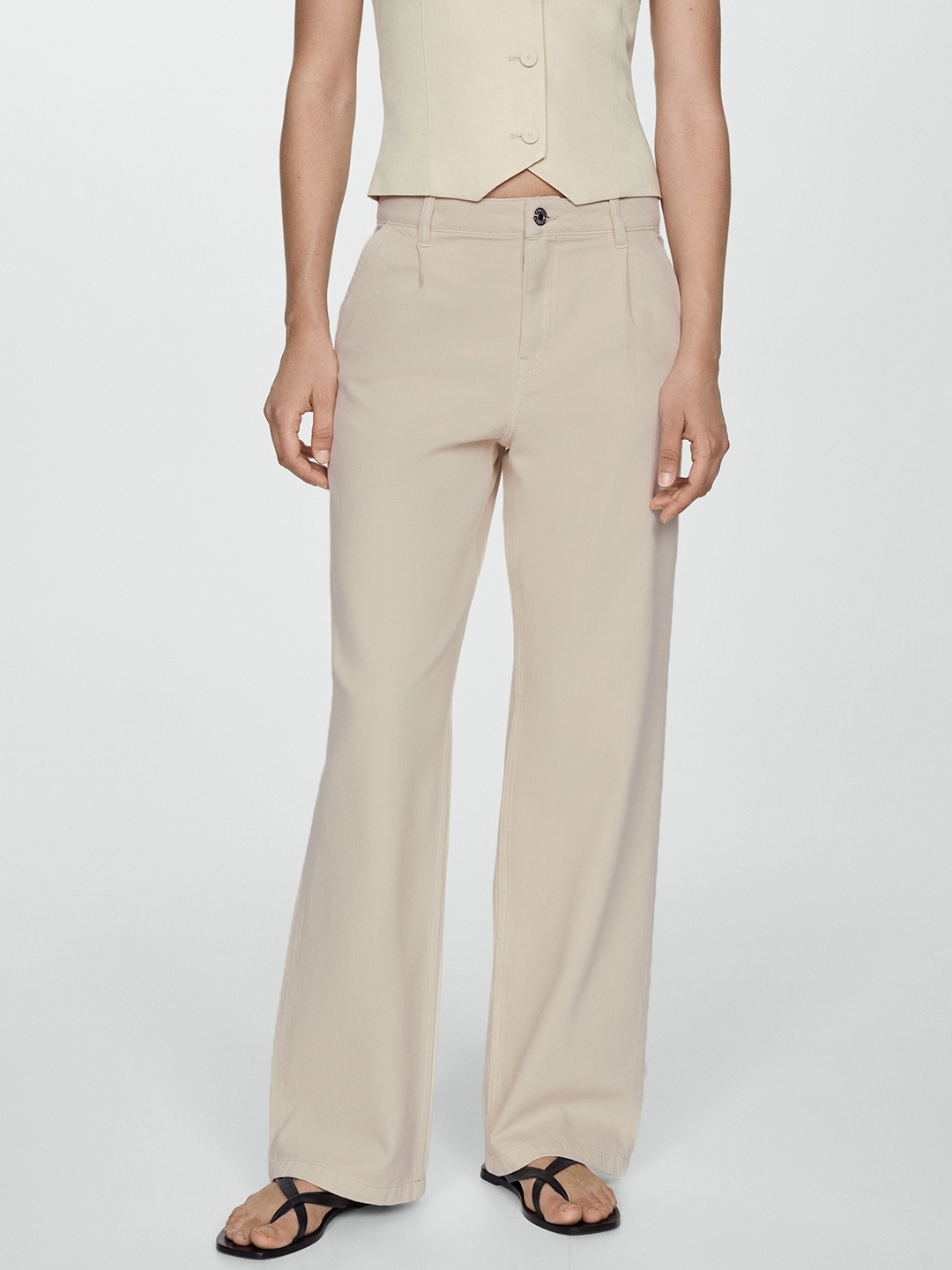 

MANGO Women Straight Fit Cotton Jeans, Beige