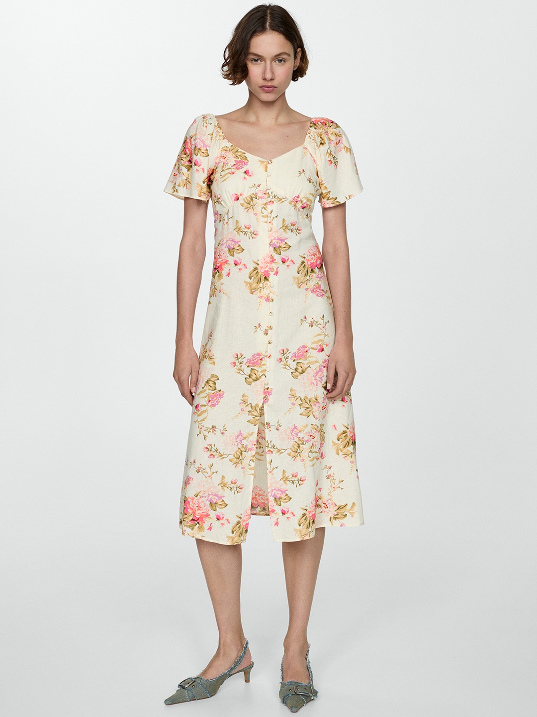 

MANGO Floral Print Empire Midi Dress, White