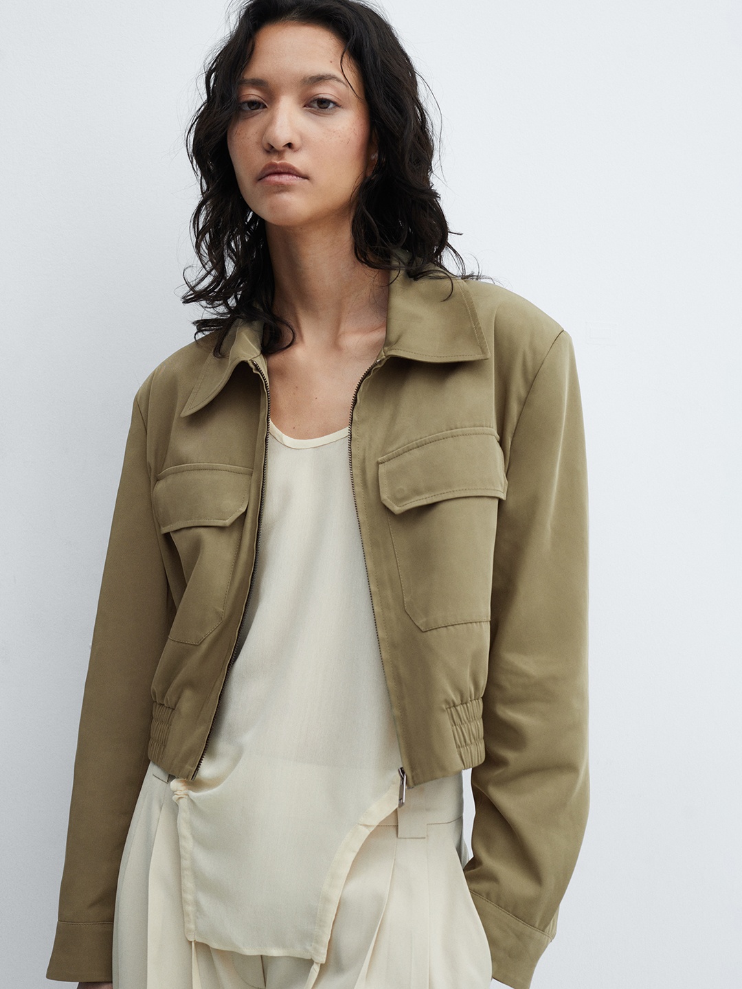 

MANGO Cropped Tailored Jacket, Olive