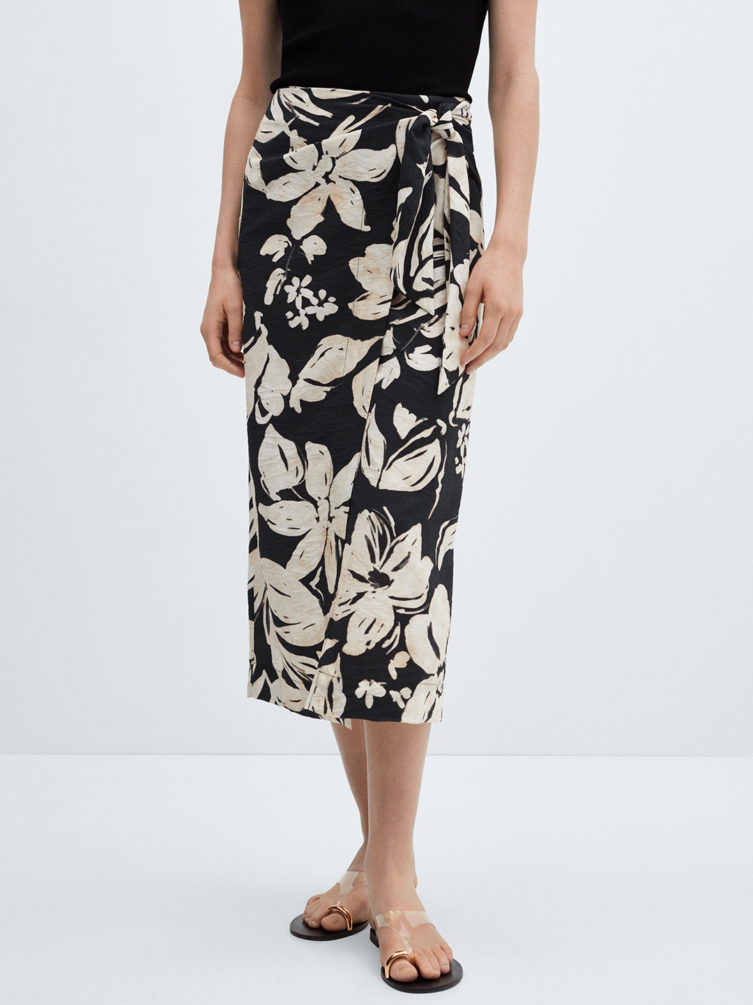 

MANGO Floral Print Panelled Midi Wrap Skirt, Black