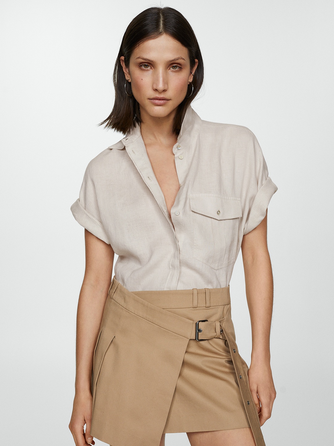 

MANGO Extended Sleeve Pure Linen Shirt, Beige