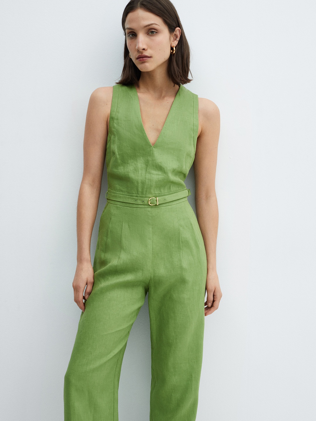 

MANGO V-Neck Sleeveless Linen Jumpsuit, Green