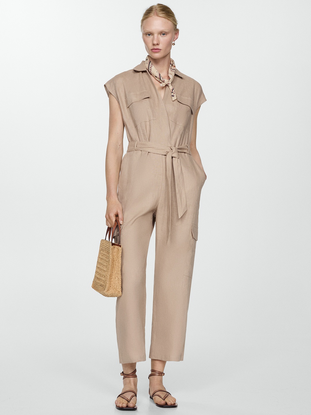 

MANGO Cargo-Style Pure Linen Jumpsuit, Beige