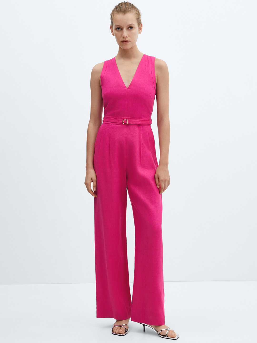 

MANGO Linen Basic Jumpsuit with Belt, Pink