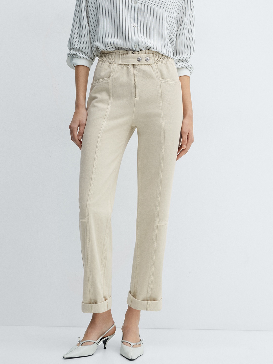 

MANGO Women High-Rise Cotton Jeans, Off white