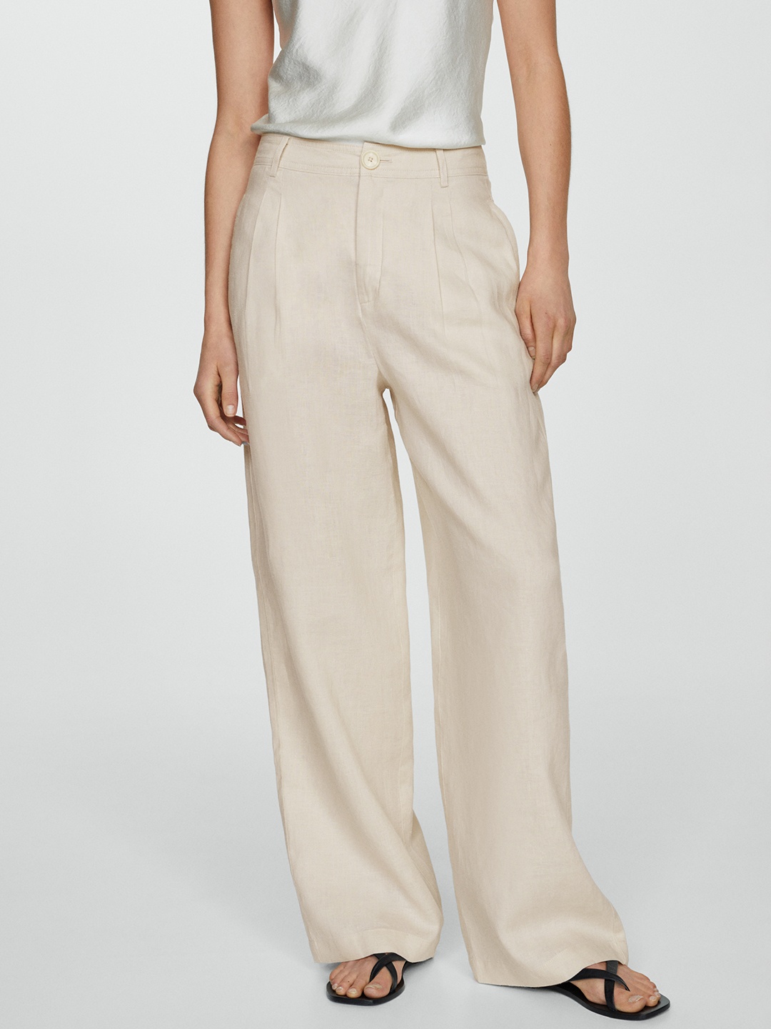 

MANGO Women High-Rise Pure Linen Wide Leg Trousers, Beige