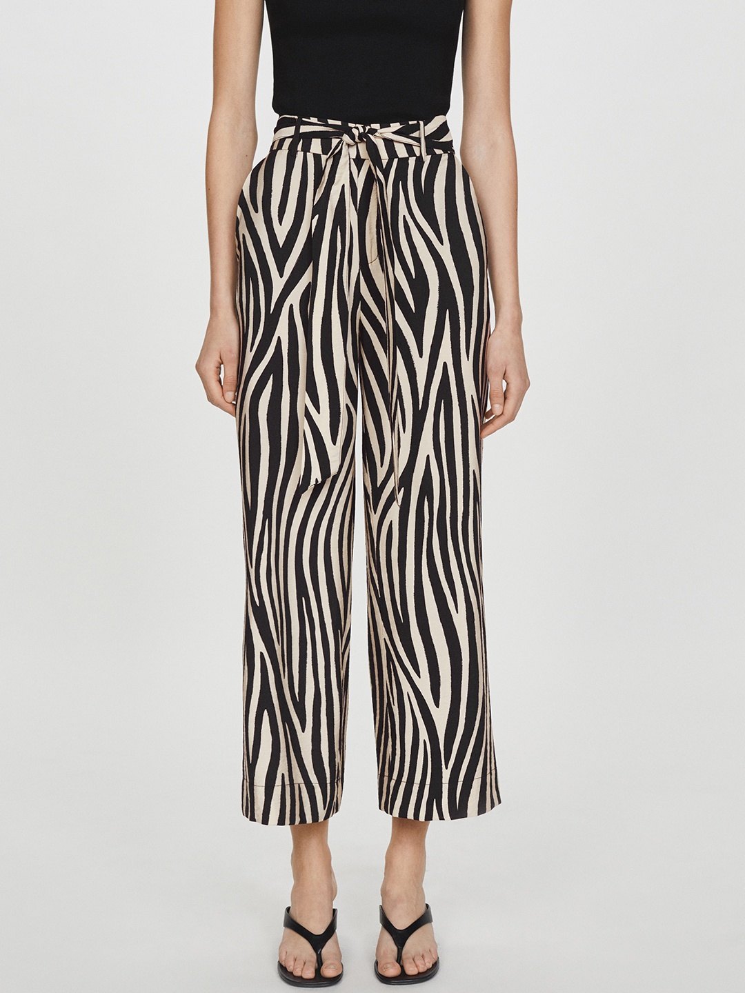

MANGO Women Animal Print Trousers With Belt, Cream