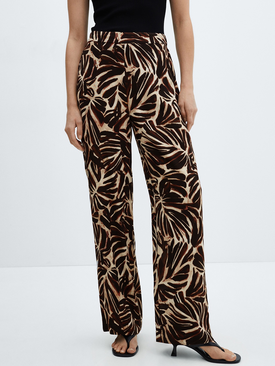 

MANGO Women Tropical Printed Straight Fit Trousers, Brown
