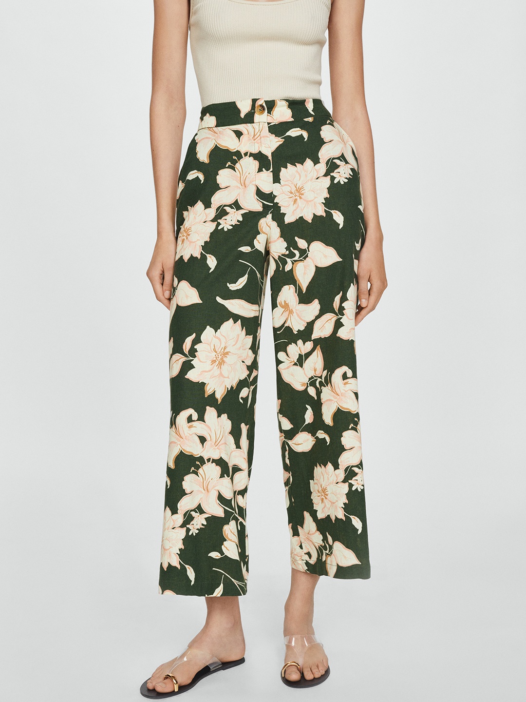 

MANGO Women Floral Printed Trousers, Green