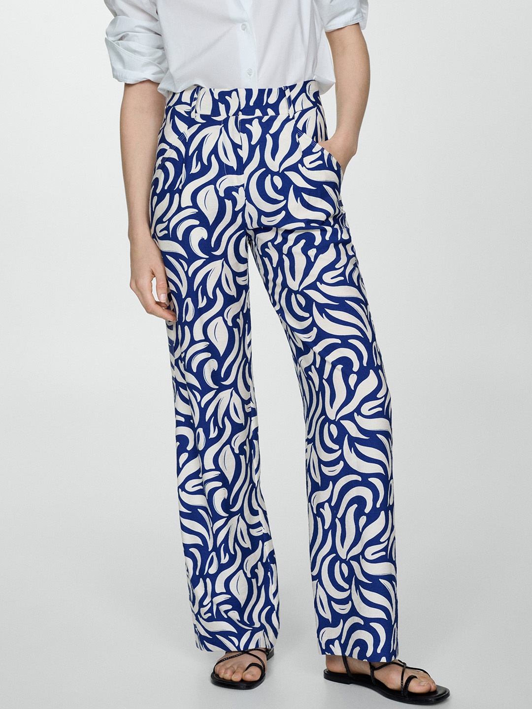 

MANGO Women Printed Wide Leg Trousers, Blue