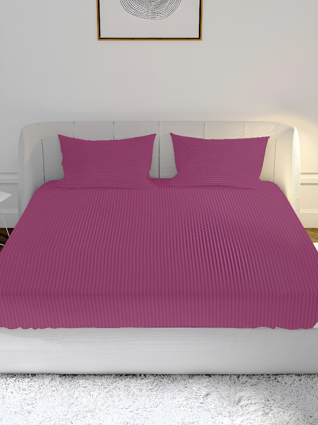 

MAYFAIR HOMES LONDON Pink Striped Cotton 210 TC King Bedsheet with 2 Pillow Covers