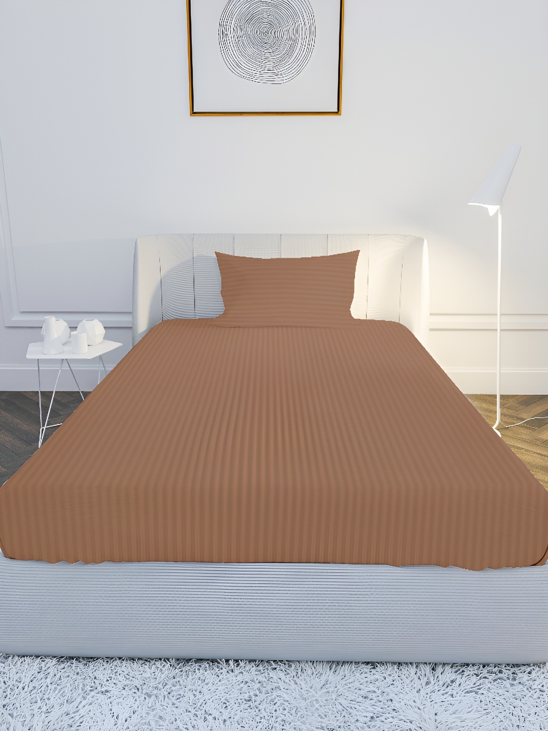 

MAYFAIR HOMES LONDON Brown Striped Cotton 210 TC Single Bedsheet with 1 Pillow Covers