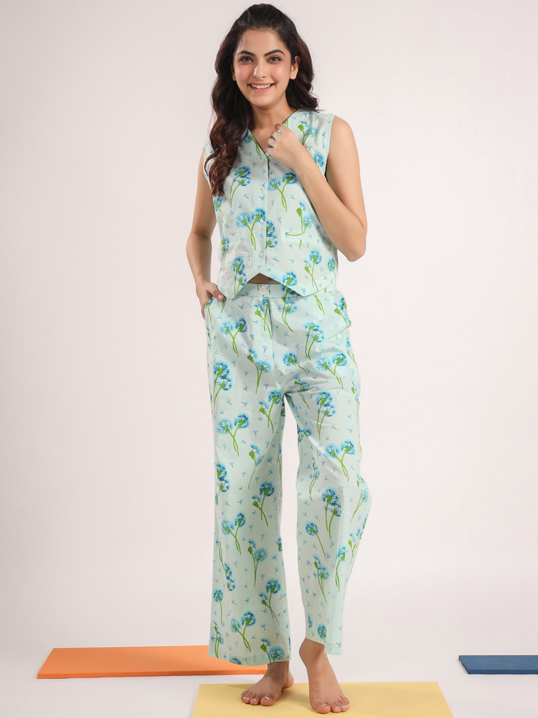 

SANSKRUTIHOMES Printed Pure Cotton Night Suit, Blue