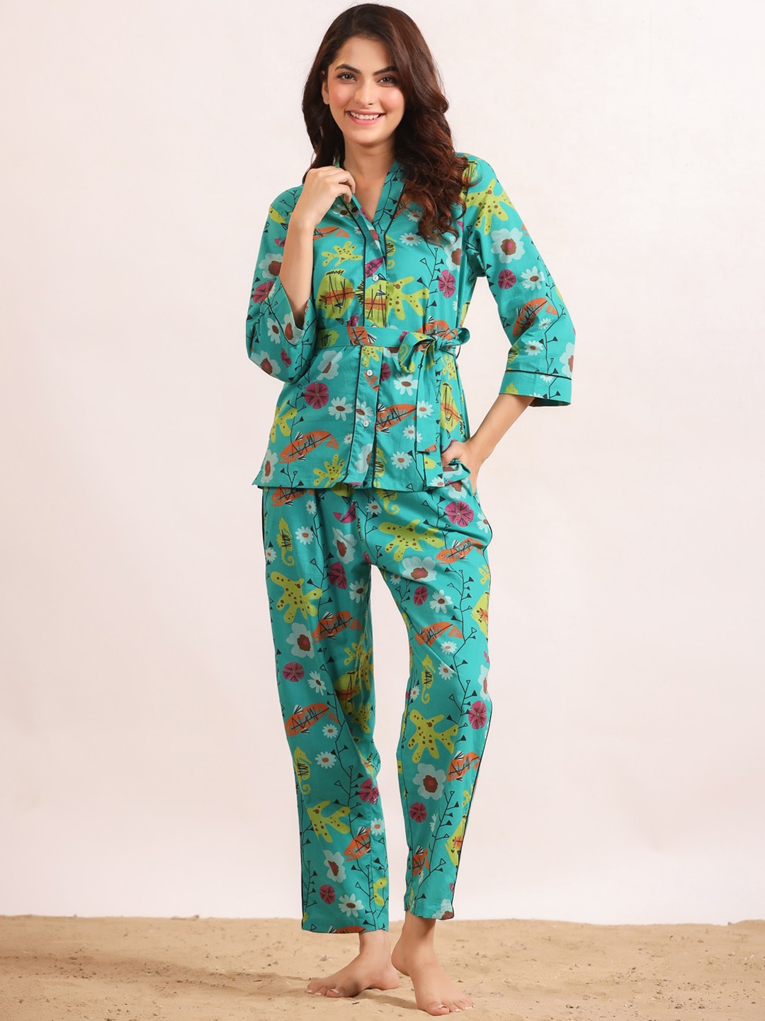 

SANSKRUTIHOMES Printed Pure Cotton Shirt With Pyjamas, Green