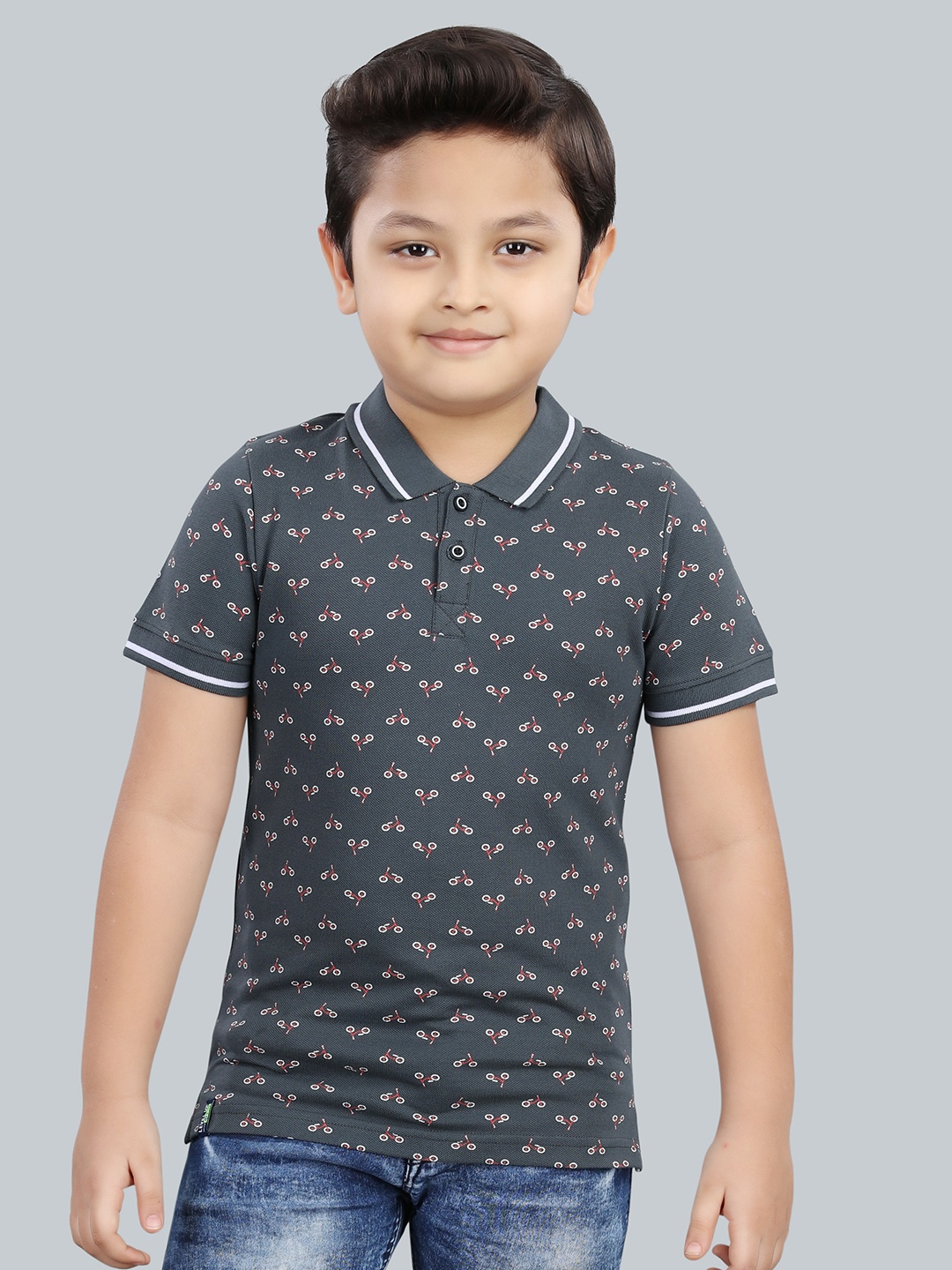 

3PIN Boys Conversational Printed Polo Collar Cotton T-shirt, Charcoal