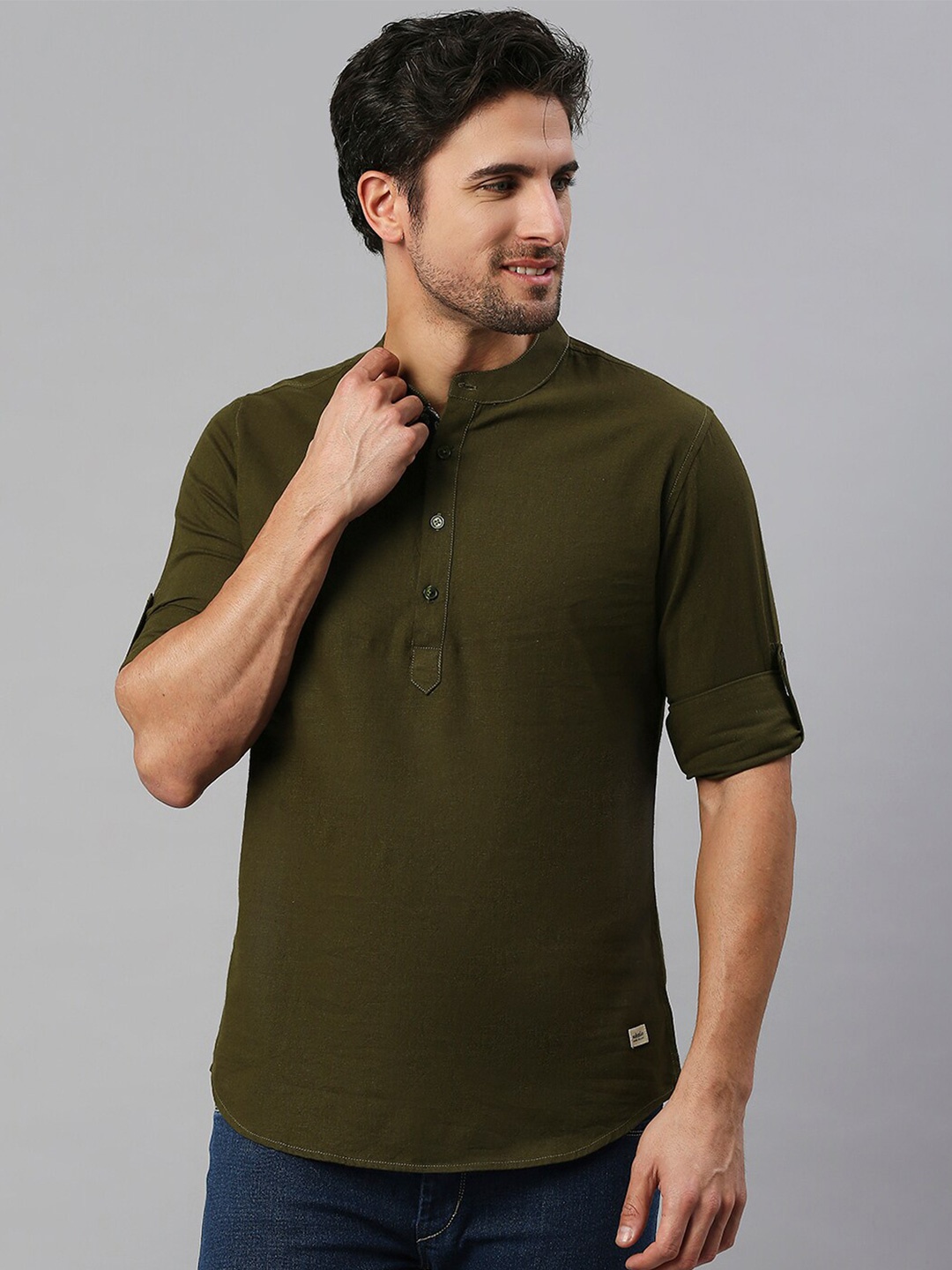 

Solemio Comfort Slim Fit Cotton Mandarin Collar Casual Shirt, Green