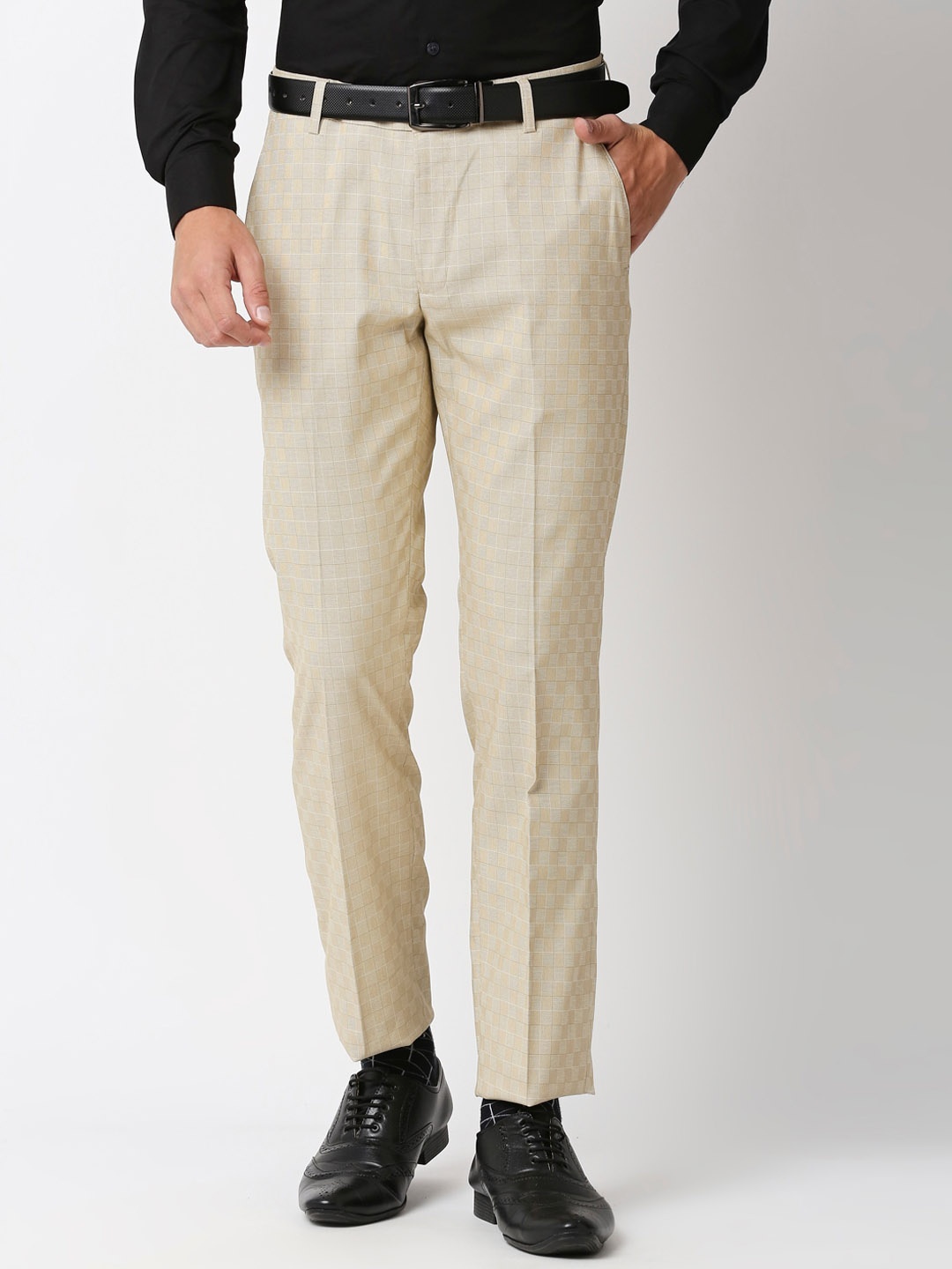 

Solemio Men Checked Slim Fit Low-Rise Formal Trousers, Beige