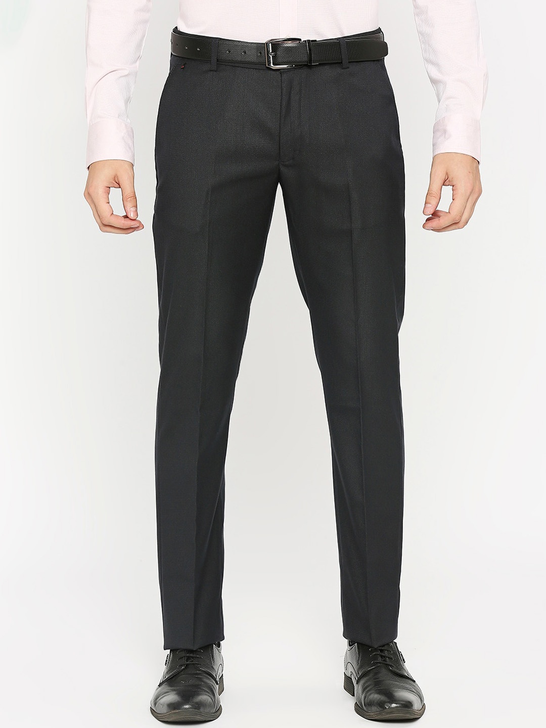 

Solemio Men Textured Slim Fit Low-Rise Formal Trousers, Blue