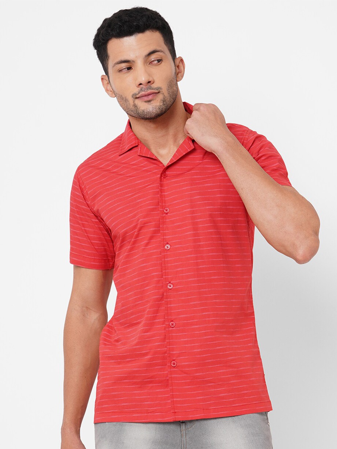 

Solemio Comfort Slim Fit Horizontal Stripes Cotton Casual Shirt, Red