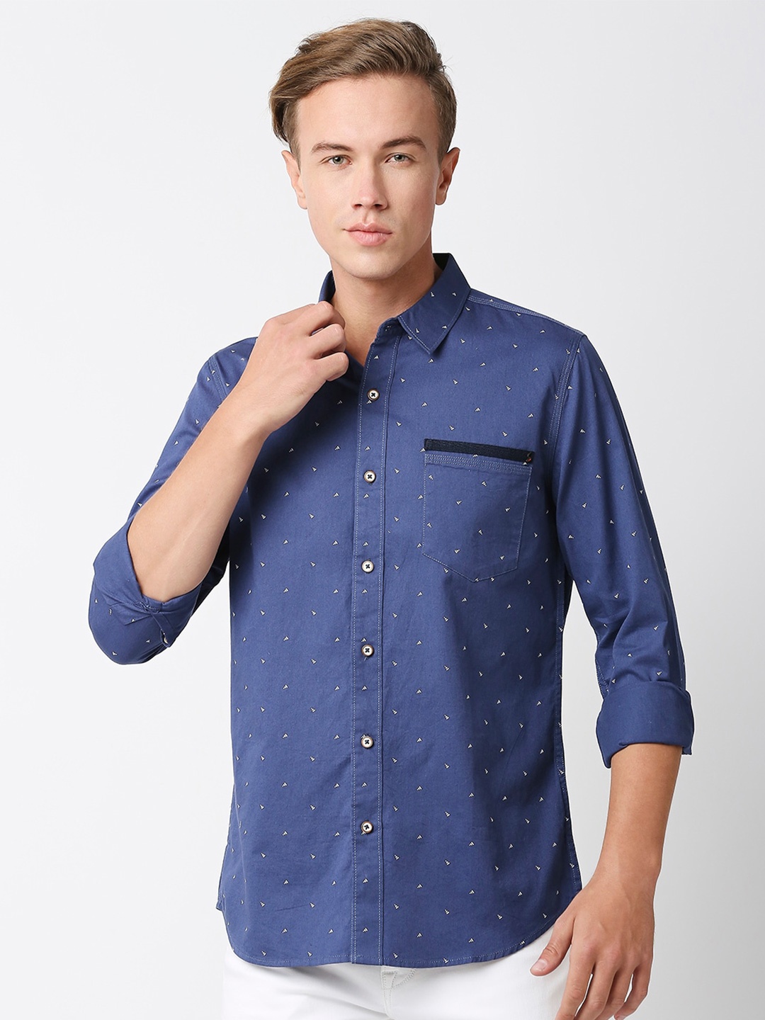 

Solemio Men Comfort Slim Fit Micro Ditsy Printed Cotton Casual Shirt, Blue