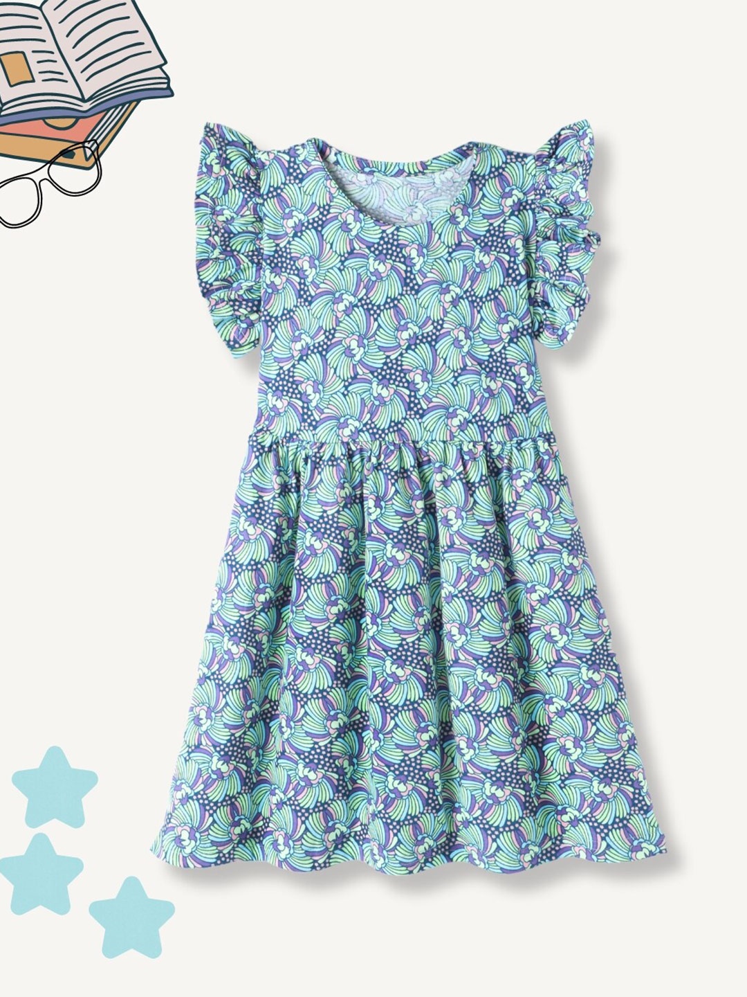 

FUNKRAFTS Girls Floral Printed Half Flutter Sleeve Cotton Fit & Flare Dress, Blue