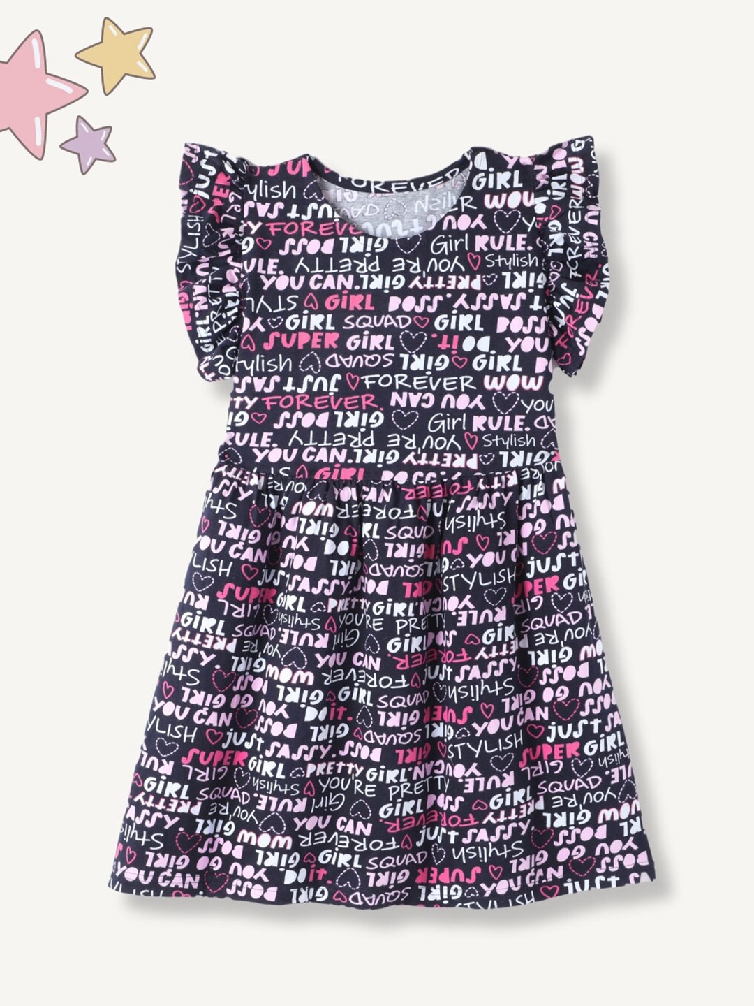 

FUNKRAFTS Girls Typographic Printed Half Flutter Sleeve Fit & Flare Dress, Black