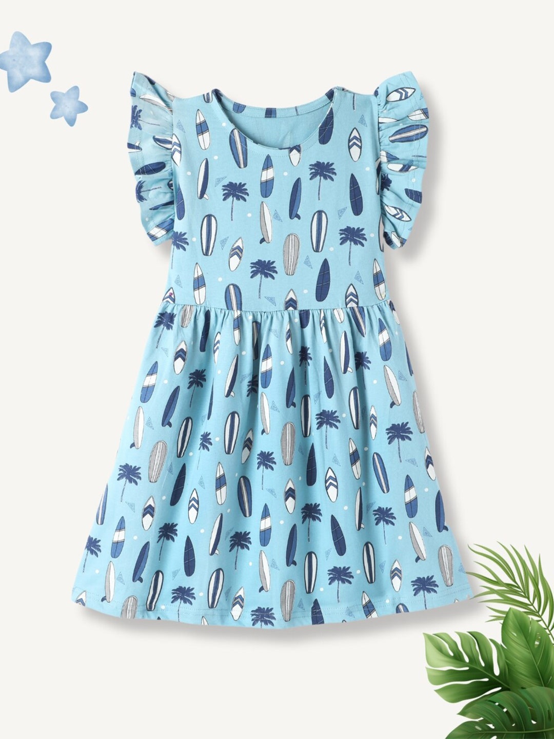 

FUNKRAFTS Conversational Printed Half Flutter Sleeve Cotton Fit & Flare Dress, Blue