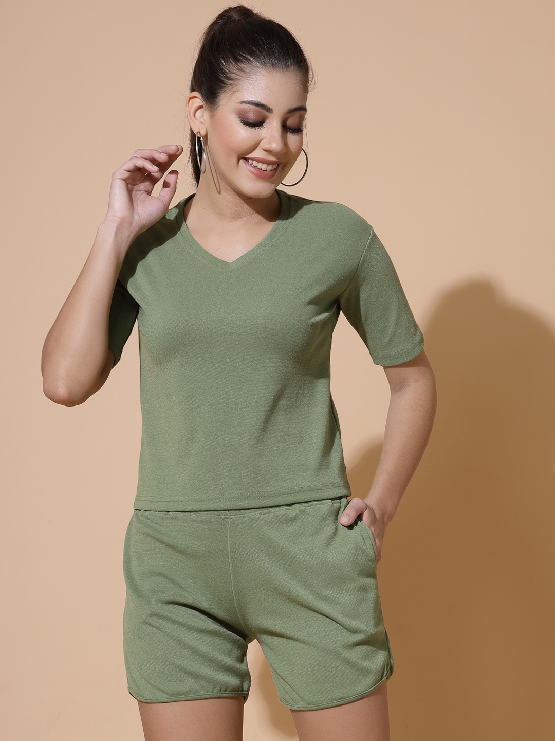 

DressBerry Olive Green V Neck T-Shirt & Flared Shorts