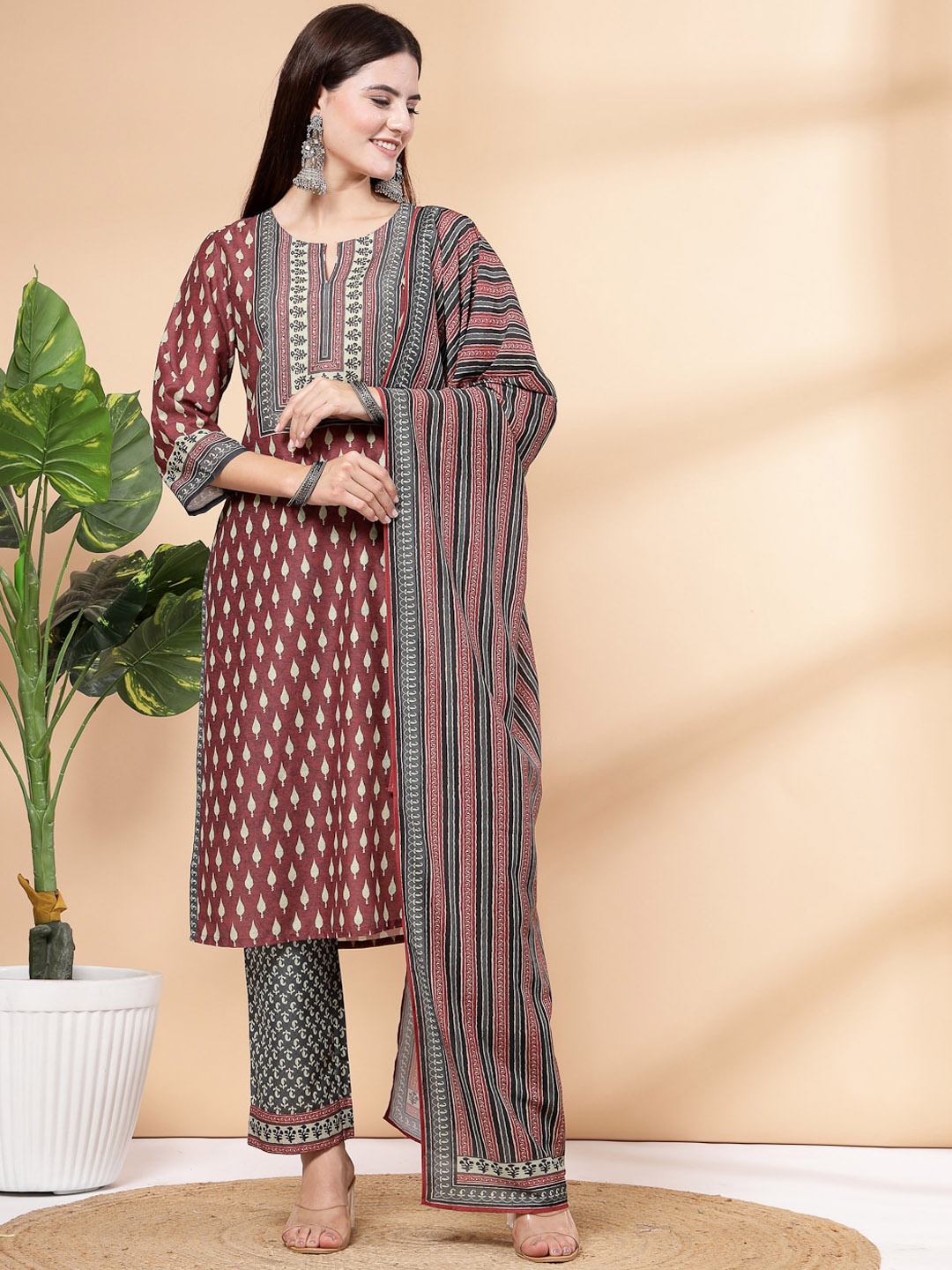 

Nayam By Lakshita Floral Printed Regular Kurta with Palazzos & With Dupatta, Maroon