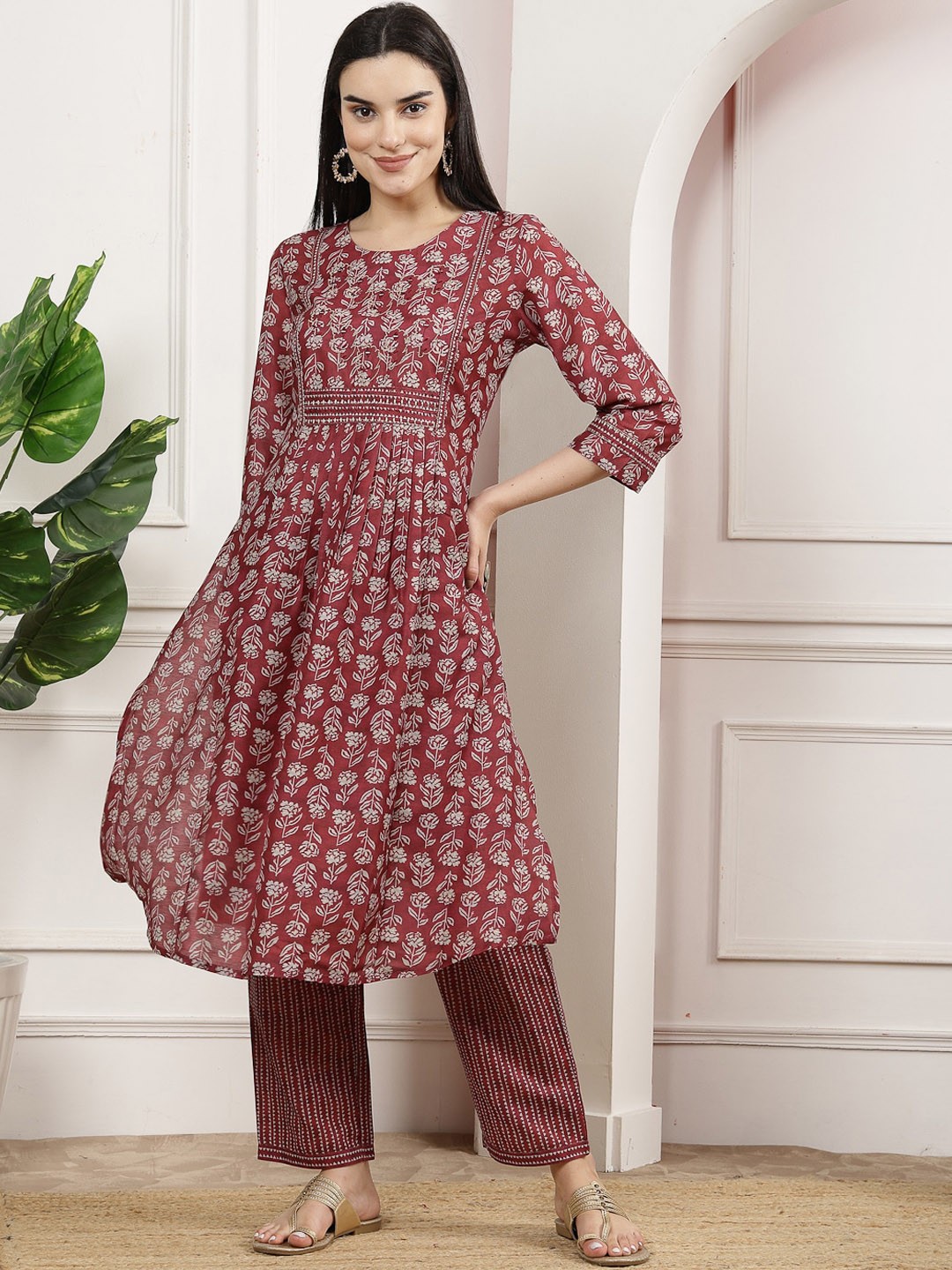 

Nayam By Lakshita Floral Printed Pleated Mirror Work Kurta with Palazzos, Maroon
