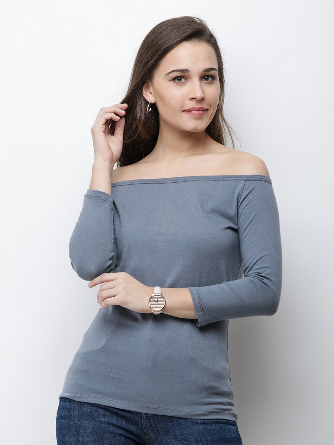 

BAESD Off-Shoulder Cotton Bardot Top, Grey