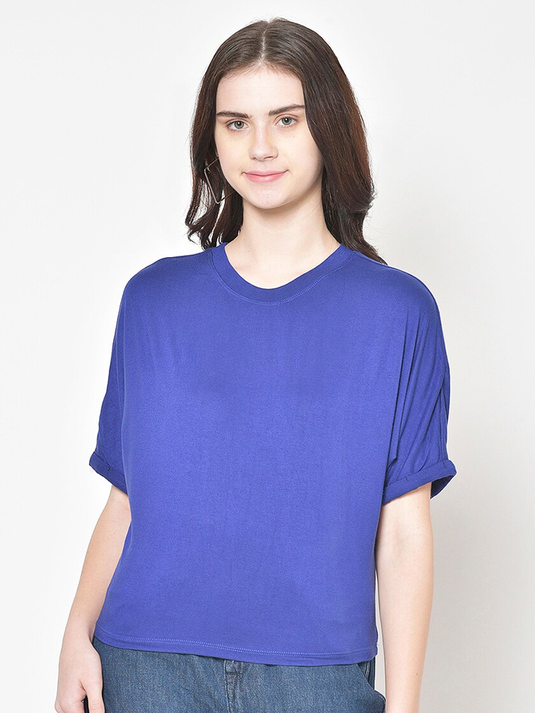 

BAESD Round Neck Short Extended Sleeves Cotton Top, Blue